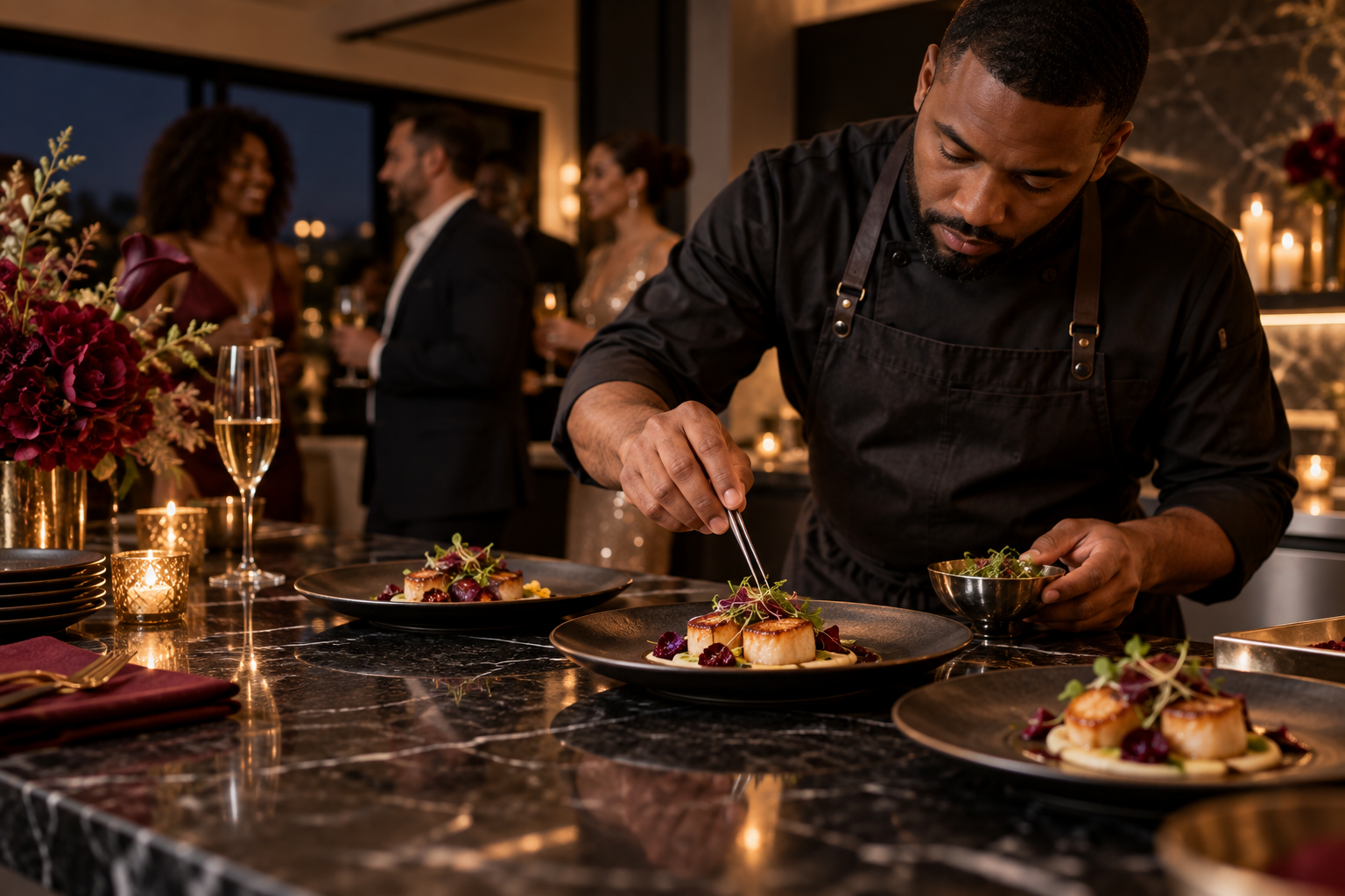 Private chef carefully plating a high-end meal