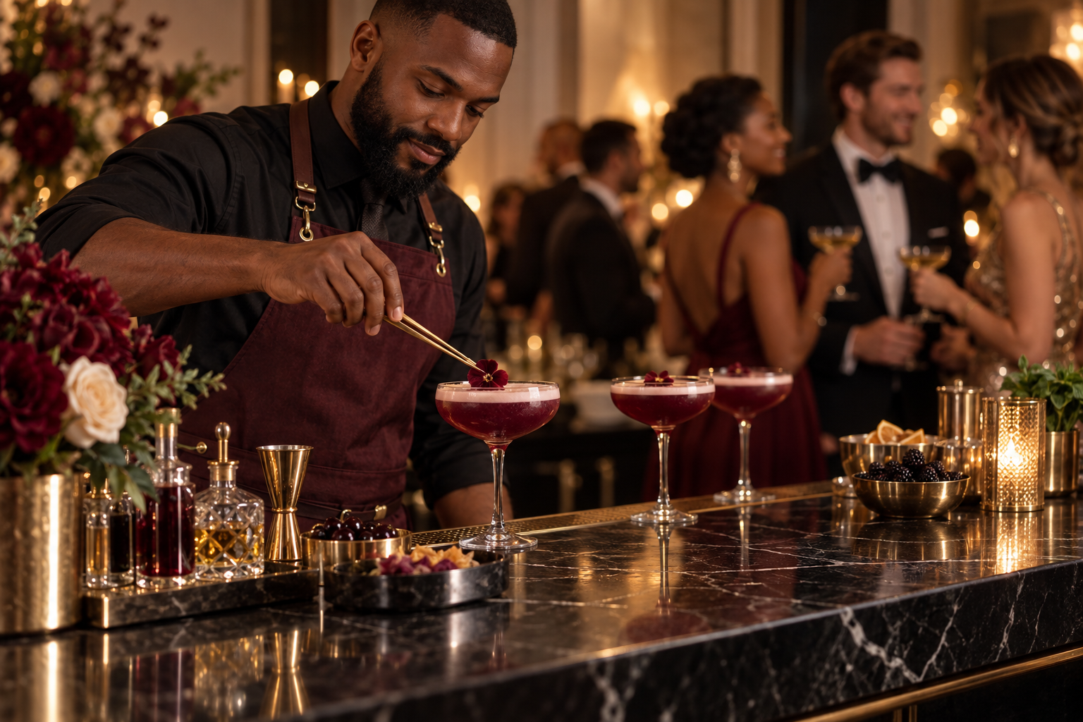 Professional bartender preparing burgundy signature cocktails